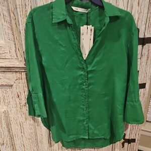Zara Linen Vibrant Green Button Down Shirt - NWT